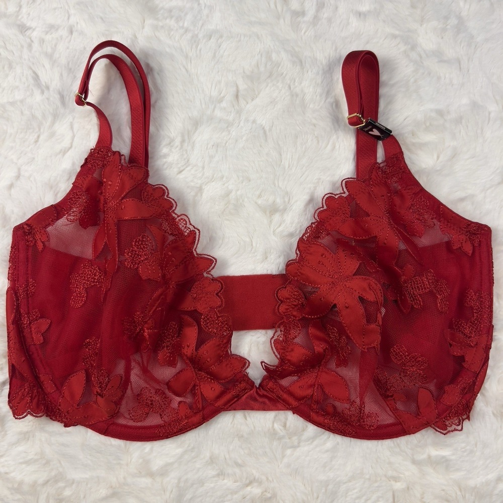 Victoria's Secret Unlined Plunge Bra 32DDD Red Floral Lace Sheer Underwire NWT